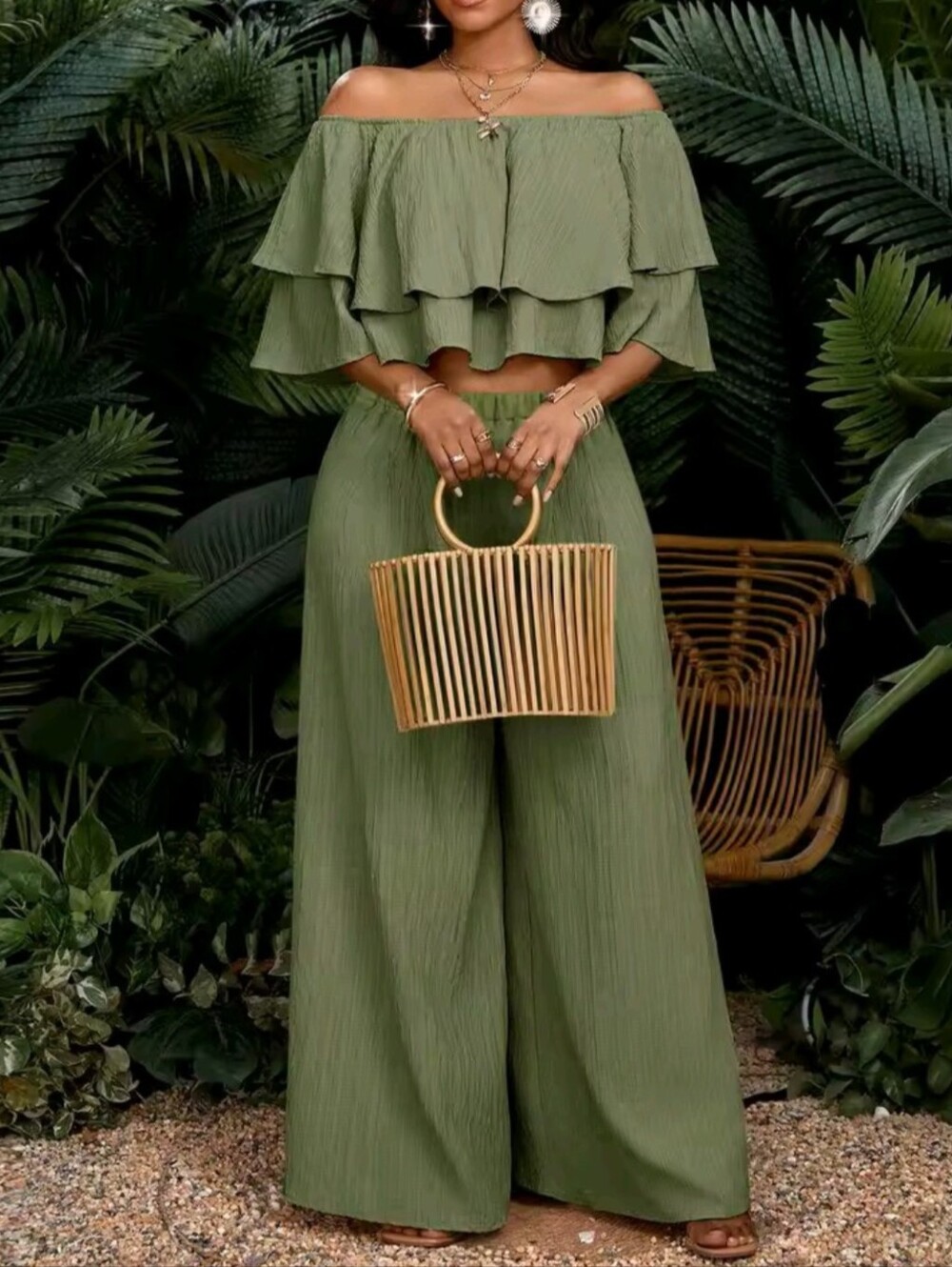 Women's Off Shoulder Ruffle Crop Top Matching Wide Leg Pants Outfit